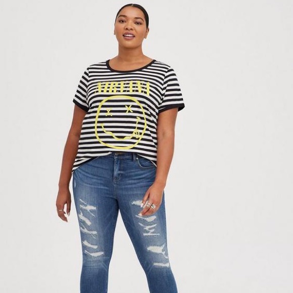 TORRID Black White Striped Yellow Nirvana Classic Fit Ringer Graphic Band Tee - Picture 2 of 11